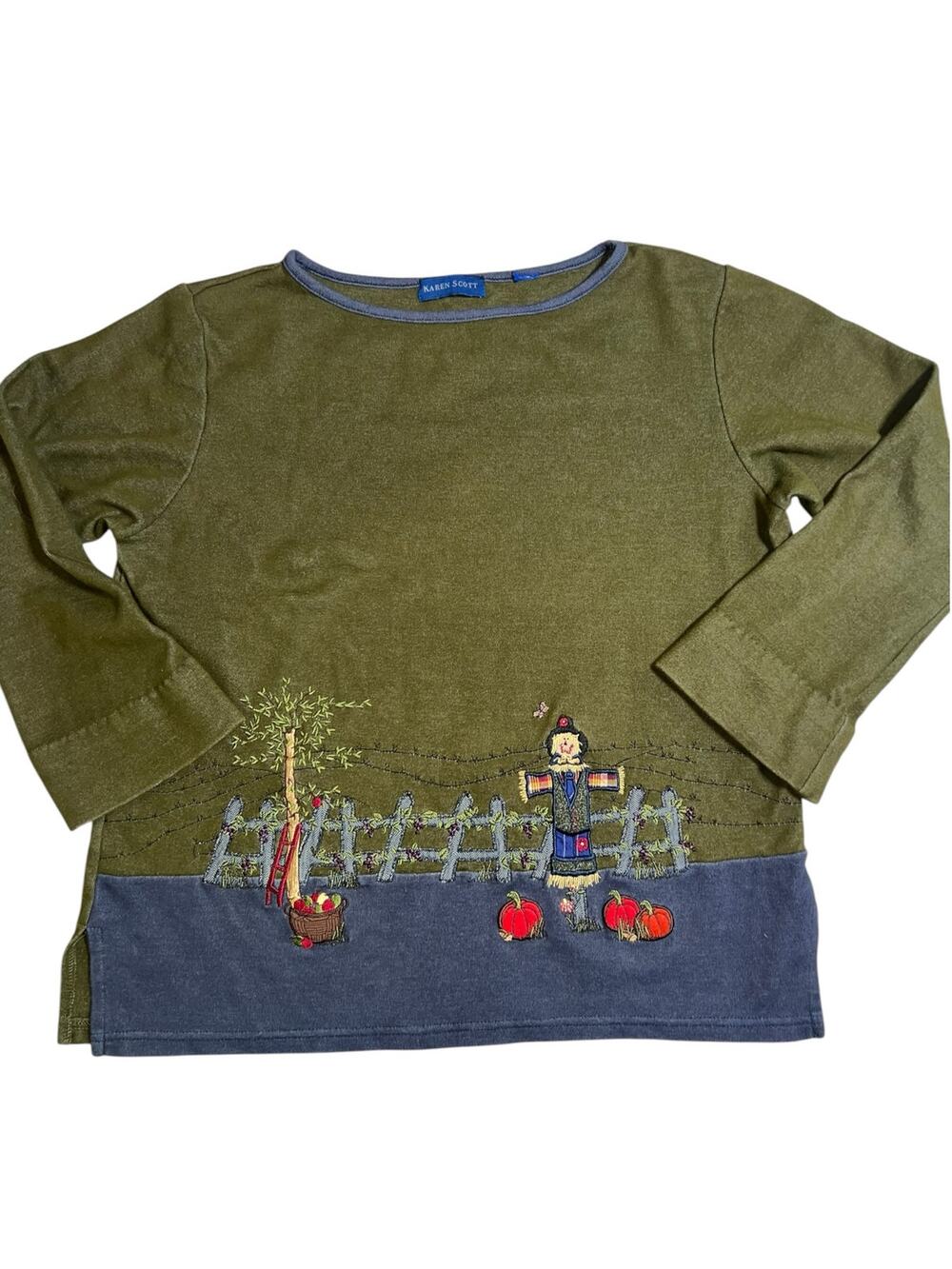 Karen Scott embroiled fall autumn scarecrow pumpkin patch scene women's shirt
